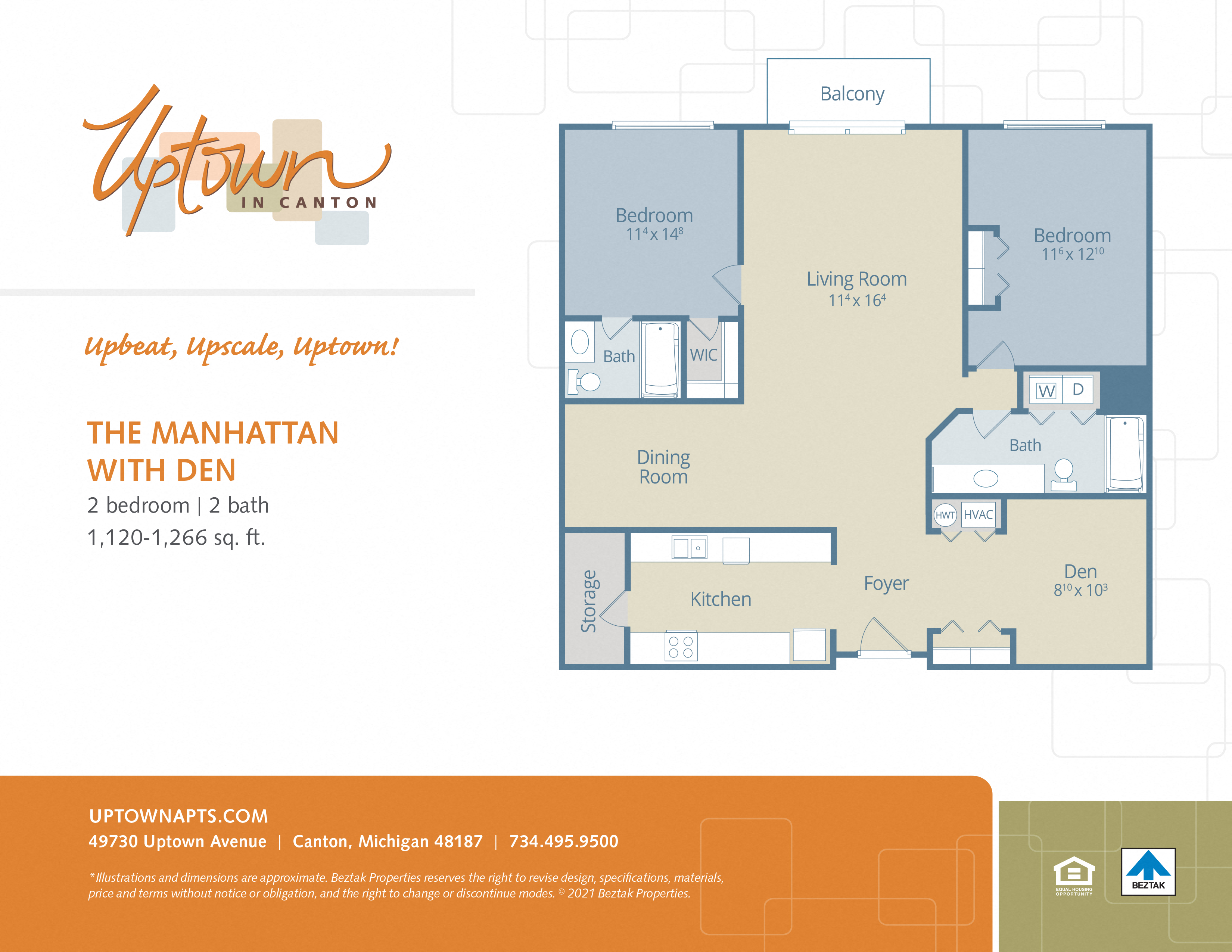 Floor plan for 2 beds, 2 baths, 1266 sqft